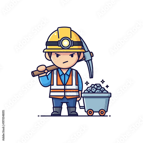 Determined cartoon miner worker pulling a cart full of coal