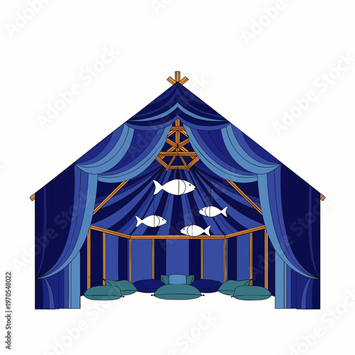 Blue striped tent decorated with fish and pillows, whimsical outdoor seating area, unique event space