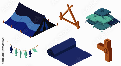 Isometric Camping Gear Set: Tent, Firewood, Pillows, Clothesline with Fish, Mat, and Fire Pit