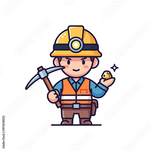 Happy cartoon miner character holding a pickaxe and a gold nugget