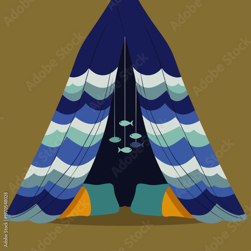 Cozy blue tent with fish mobile and pillows, perfect for camping, kids' room decor, or outdoor adventures.