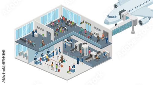 Isometric Airport Terminal Interior with Passengers Check-in Security Checkpoint and Boarding Gate Vector Illustration