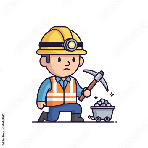 Sad cartoon miner kneeling with a pickaxe and small coal cart