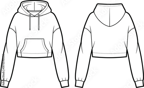 Flat vector cropped hoodie fashion technical sketch front back pocket stitching