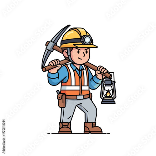 Cute cartoon miner character carrying a pickaxe and a lit lantern