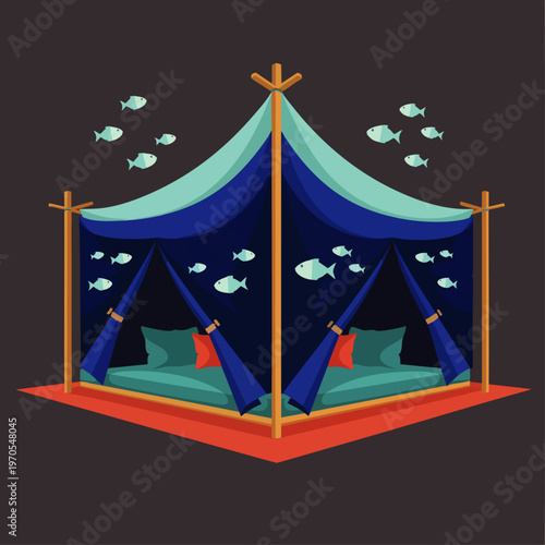 Luxury glamping tent with comfortable beds and fish decoration, perfect for a unique outdoor adventure and relaxation.