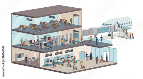 Isometric Airport Terminal Cross-Section with Passengers, Security Check-in, Waiting Lounge, and Airplane Boarding Gate