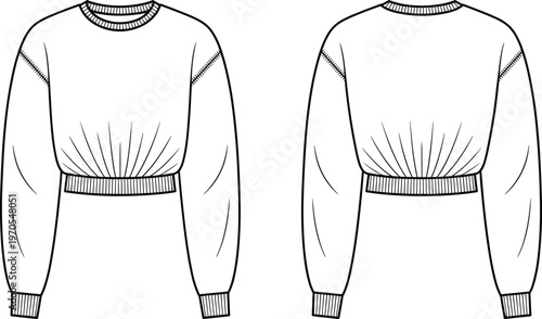 Flat vector cropped sweatshirt fashion technical sketch front back pleated waist