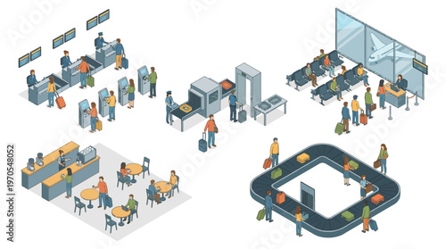 Isometric Airport Terminal with Check-in Counter Security Checkpoint and Baggage Claim, Travelers Boarding Passengers Waiting Lounge, Business Trip Vacation Transportation Hub Vector Illustration