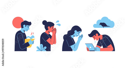 People using devices in various emotional states and reactions indoors