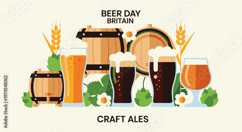 A festive illustration of various craft beers and barrels on Beer Day in Britain.