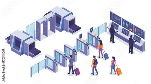 Isometric Airport Security Checkpoint with Passengers Luggage Screening and Digital Surveillance Technology