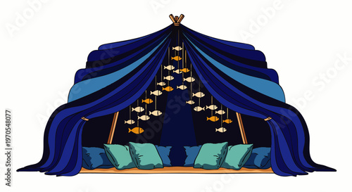 Exotic tent with blue drapes, cushions, and hanging fish decorations, evoking a sense of fantasy and relaxation.