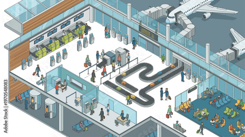 Isometric Airport Terminal Interior with Passengers Check-in Security Baggage Claim and Waiting Area Vector Illustration