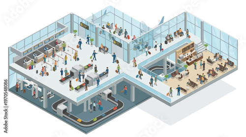 Isometric Airport Terminal Interior with Passengers Check-in Security and Baggage Claim Busy Travel Hub Vector Illustration