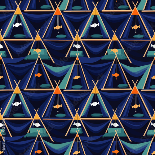 Seamless geometric pattern of stylized tents with fish mobiles, children's theme, playful and colorful design