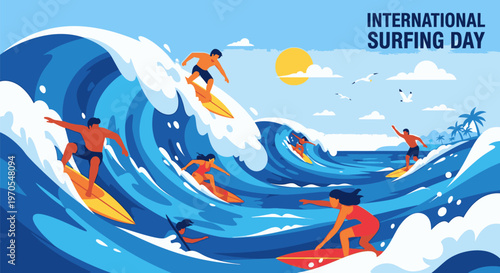 Surfers ride waves on colorful boards at International Surfing Day