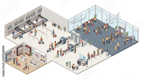 Isometric Airport Terminal Interior with Check-in Counters, Security Checkpoint, Duty-Free Shopping, and Departure Lounge - Travel Business Concept Illustration