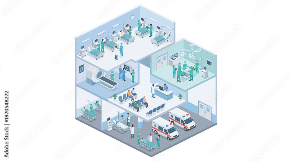 Obraz premium Isometric Hospital Building Interior with Doctors Nurses Patients Surgery Emergency Room Medical Clinic Healthcare Facility 3D Cutaway Illustration