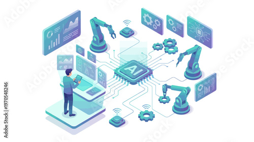 Isometric AI Smart Factory Automation with Robotic Arms and Engineer Controlling Digital Manufacturing System, Industry 4.0 Technology Concept in Teal Gradient