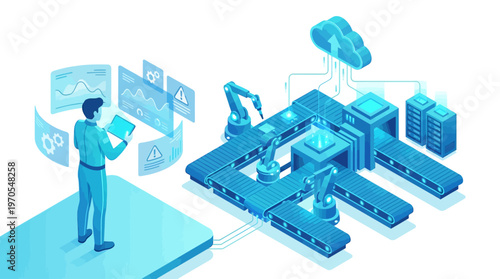 Isometric Smart Factory Automation with Engineer Monitoring AI Production Line, Industrial IoT Digital Manufacturing, Robotics Conveyor Belt System, Cloud Computing Data Analytics Dashboard