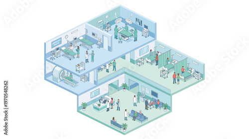 Isometric Hospital Interior with Medical Staff and Patients - Healthcare Clinic Rooms, Emergency Department, Surgery, and MRI Scan in Modern Medical Facility Cutaway View