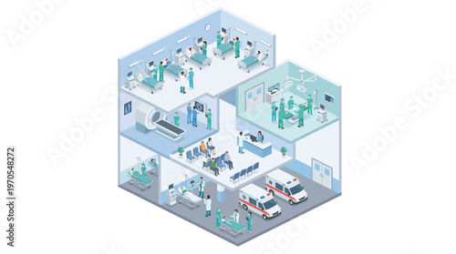 Isometric Hospital Building Interior with Doctors Nurses Patients Surgery Emergency Room Medical Clinic Healthcare Facility 3D Cutaway Illustration