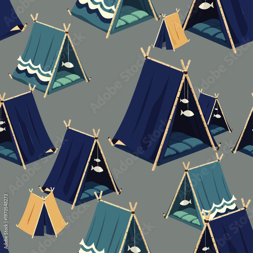 Seamless pattern of stylized tents with fish and wave motifs, perfect for children's themes and outdoor adventures