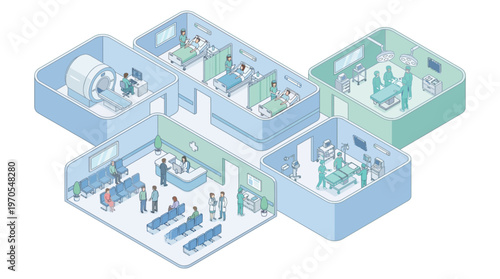 Isometric Hospital Interior with MRI Scanner Surgery Room Reception and Patient Wards Medical Healthcare Facility 3D Cutaway Illustration