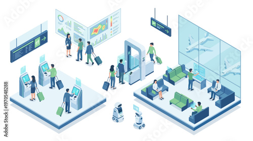 Isometric Smart Airport Terminal with Self-Service Check-In, Biometric Security, and Automated Baggage Drop Technology