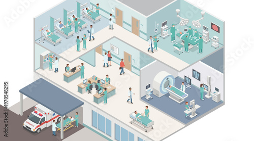 Isometric Hospital Interior with Medical Staff Surgery Emergency Room MRI Scanner Healthcare Workers Patient Care Modern Clinic Building Cutaway Illustration