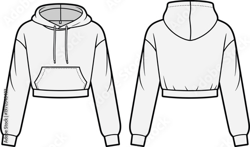 Flat vector cropped hoodie fashion technical sketch front back kangaroo pocket