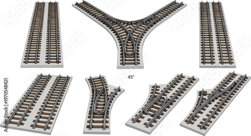 Railway track switches and junctions collection with straight and curved rails, train infrastructure elements, transport system illustration isolated on clean background