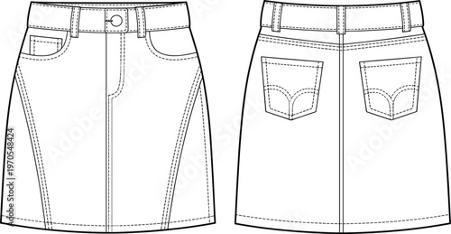 Flat vector denim skirt fashion technical sketch front back seam detail