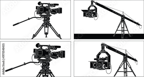 Professional video camera and crane silhouettes set, film production equipment collection, cinematography and media industry concept vector illustration isolated on clean background