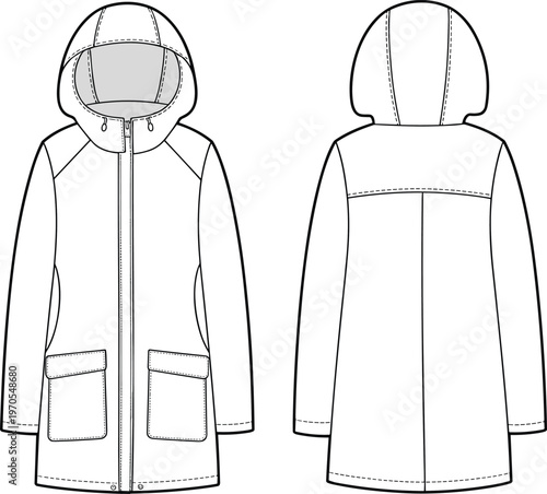 Flat vector hooded parka coat technical fashion sketch front back view