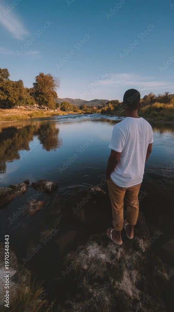 Fototapeta premium Man standing near a river observing the flowing water, surrounded by trees in a peaceful natural landscape