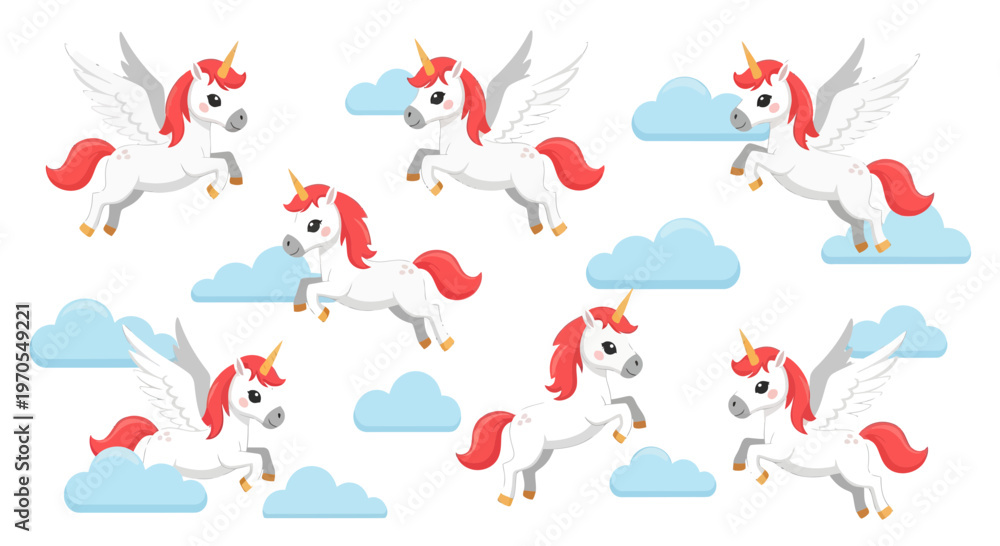 Fototapeta premium Cute Flying Unicorns Vector Illustration Set in Cartoon Style, Magical Fantasy Animals for Children's Fairytale Designs and Kids' Projects.