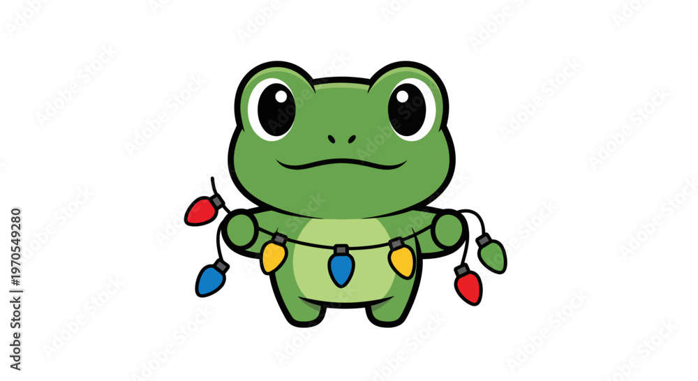Fototapeta premium Cute Green Frog Holding Christmas Lights Vector Illustration - Festive Cartoon Style Graphic for Holiday Greeting Cards & Seasonal Decor