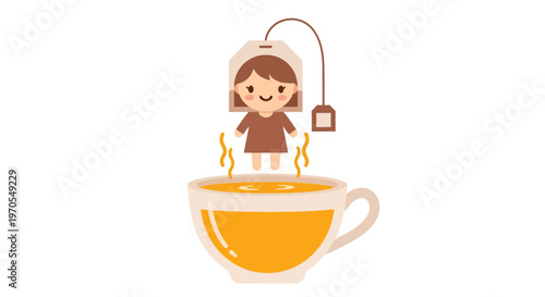 Cute Girl in Teabag Vector Illustration with Steaming Hot Tea Cup, Flat Design Graphic for Relaxation and Beverage Concepts