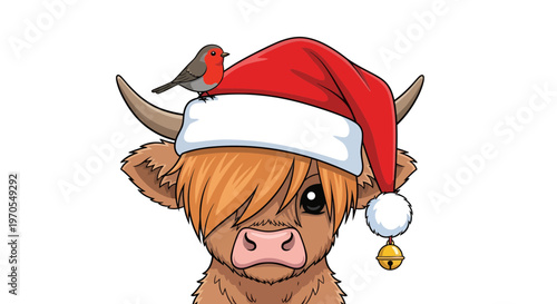 Cute Highland Cow Wearing Santa Hat with Robin Bird Vector Illustration for Festive Christmas Holiday Design.