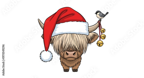 Cute Highland Cow in Santa Hat with Bird and Jingle Bells Vector Illustration for Christmas Holiday Design and Winter Celebration