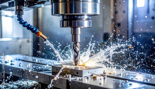 Precision meets power as streams of coolant spray dramatically from the high-speed mil