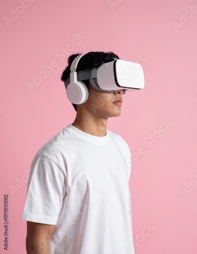 Man wearing VR headset with headphones against a pink background, technology, virtual reality, immersive experience.