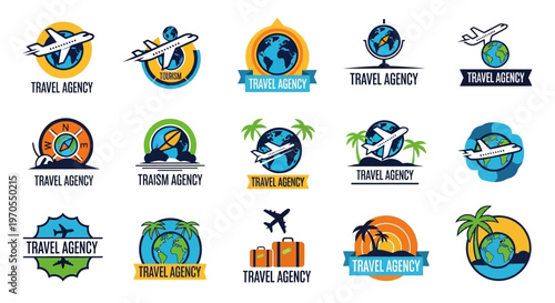 Set of fifteen travel agency logo designs with airplanes, earth globes, and tropical elements