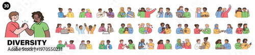A mega set of scenes showing people of various races getting along and being friendly with one another. Cute character with a round face. Upper body illustration.