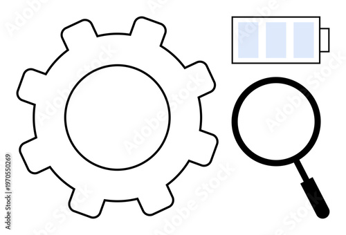 Technology concept. Technology through gear, magnifying glass, and battery elements. Technology driving energy efficiency, innovation, and analysis. For tech design, engineering research