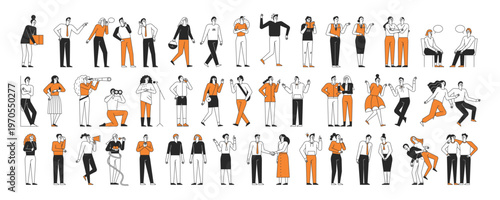 A collection of various movements of a simple style human character. Outline character vector illustration. mega bundle set 001.