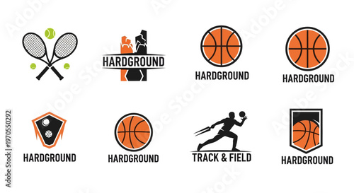 Collection of Sports Logos and Icons Featuring Balls and Racquets.
