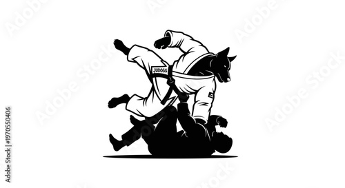 Dog practicing martial arts in a gi.